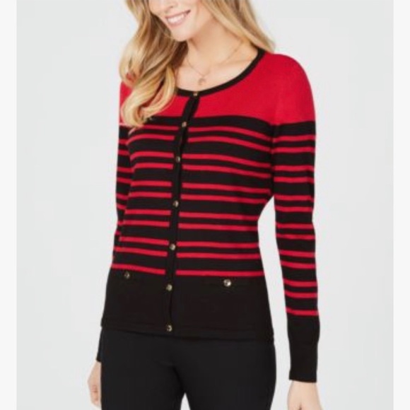 Karen Scott Sweaters - Red & Black Stripe Button Cardigan Sweater Size Petite XS